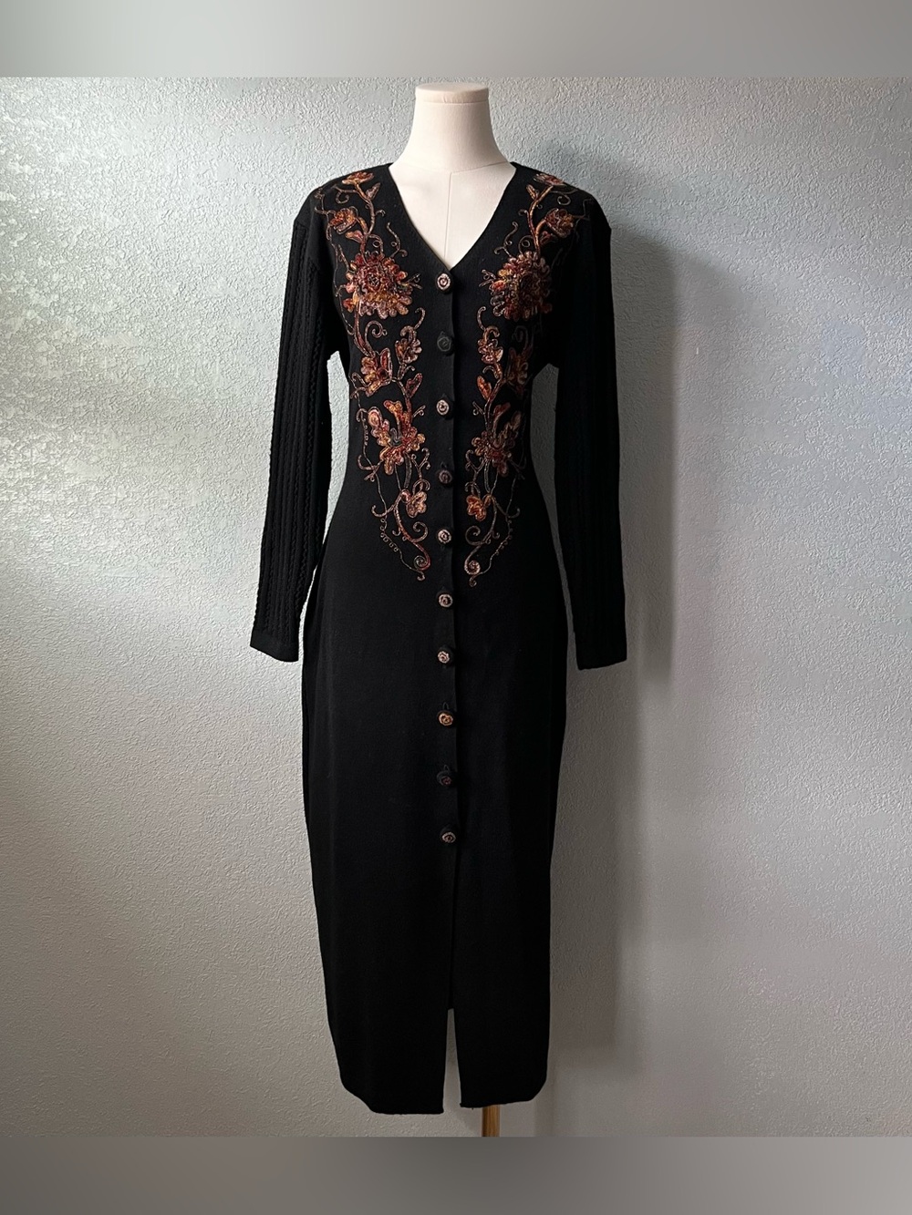Vintage 90s Carole Little Black Floral Embroidered Cardigan Dress Size M